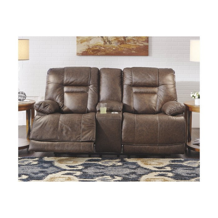 Leatherette Upholstered Metal Power Reclining Loveseat with Storage Console and USB Port, Brown