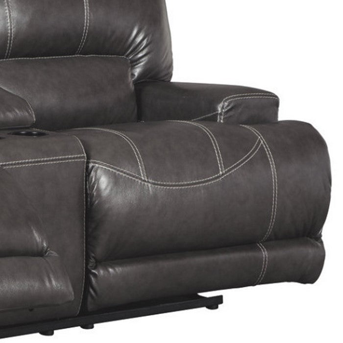 Leatherette Upholstered Metal Power Reclining Loveseat with Storage Console, Gray
