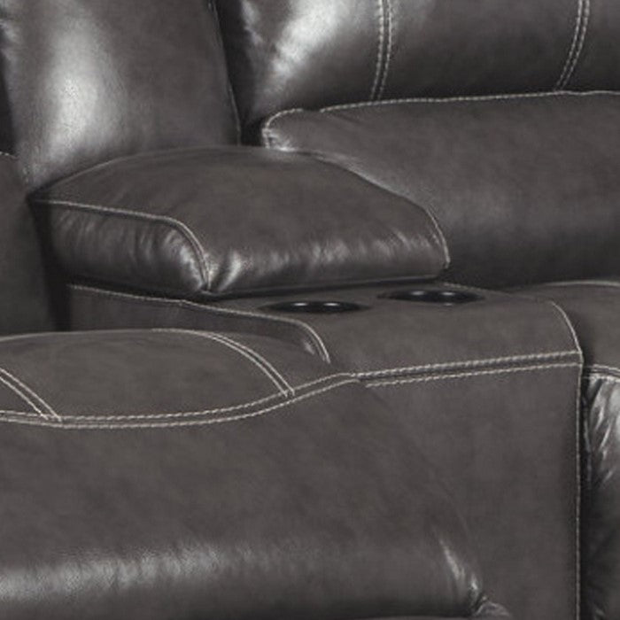 Leatherette Upholstered Metal Power Reclining Loveseat with Storage Console, Gray