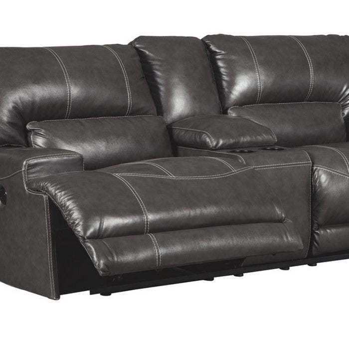Leatherette Upholstered Metal Power Reclining Loveseat with Storage Console, Gray