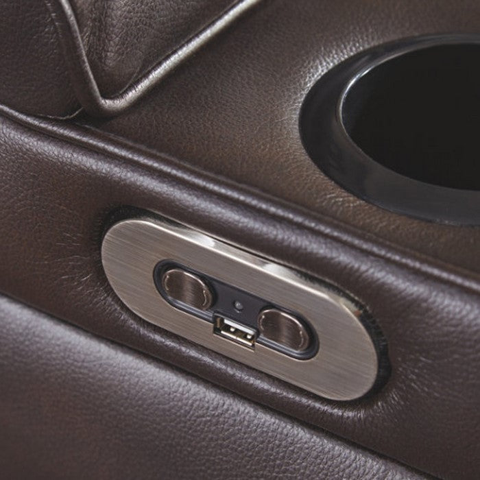 Leatherette Upholstered Metal Power Reclining Sofa with Adjustable Headrest, Brown