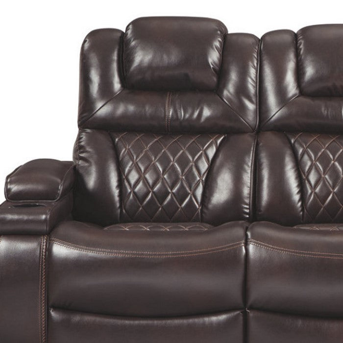 Leatherette Upholstered Metal Power Reclining Sofa with Adjustable Headrest, Brown
