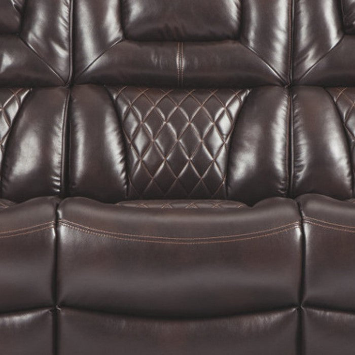 Leatherette Upholstered Metal Power Reclining Sofa with Adjustable Headrest, Brown