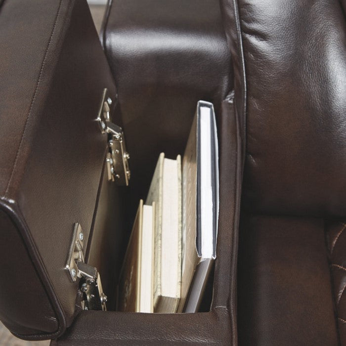 Leatherette Upholstered Metal Power Reclining Sofa with Adjustable Headrest, Brown