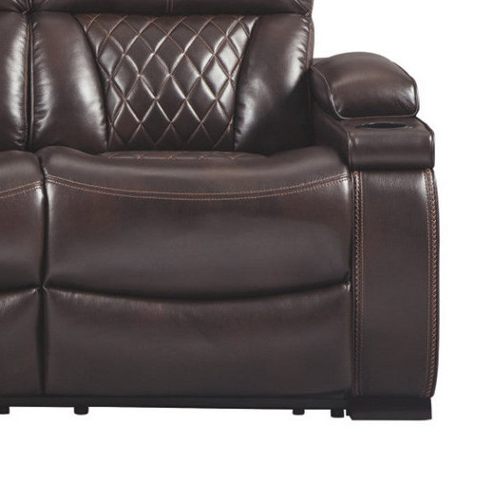 Leatherette Upholstered Metal Power Reclining Sofa with Adjustable Headrest, Brown