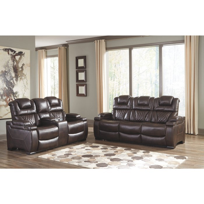 Leatherette Upholstered Metal Power Reclining Sofa with Adjustable Headrest, Brown