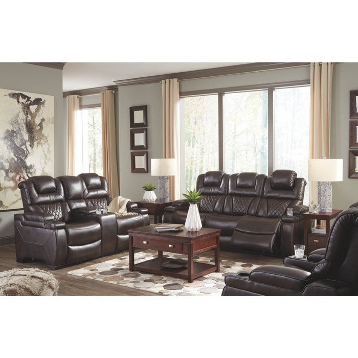 Leatherette Upholstered Metal Power Reclining Sofa with Adjustable Headrest, Brown