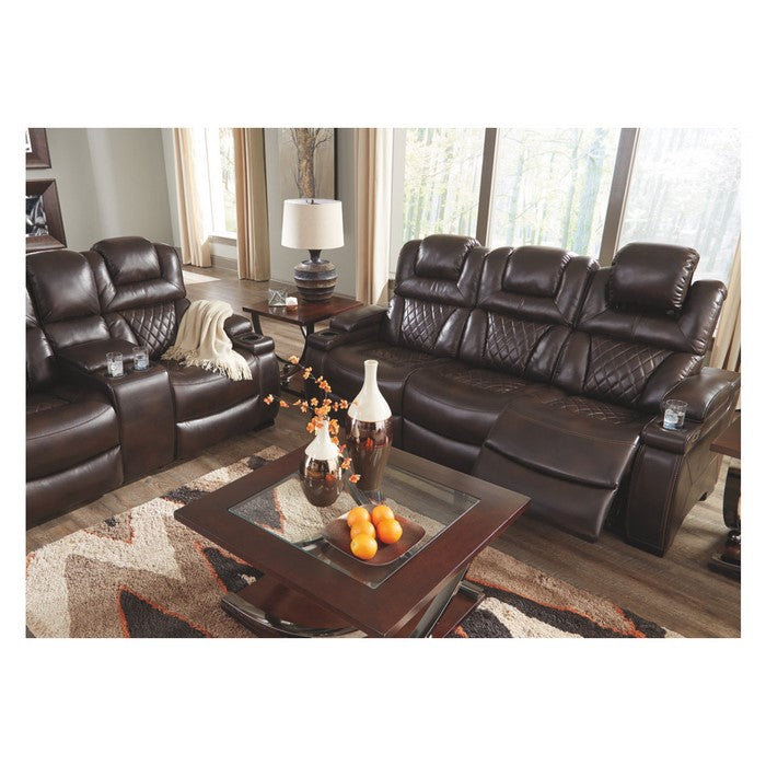 Leatherette Upholstered Metal Power Reclining Sofa with Adjustable Headrest, Brown