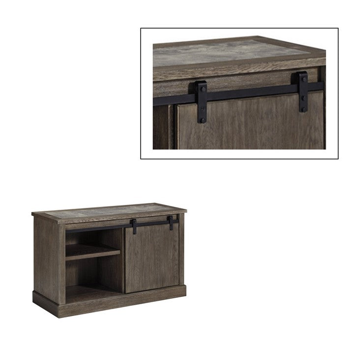 Wooden Credenza with Faux Cement Top and Sliding Door Storage, Large, Gray