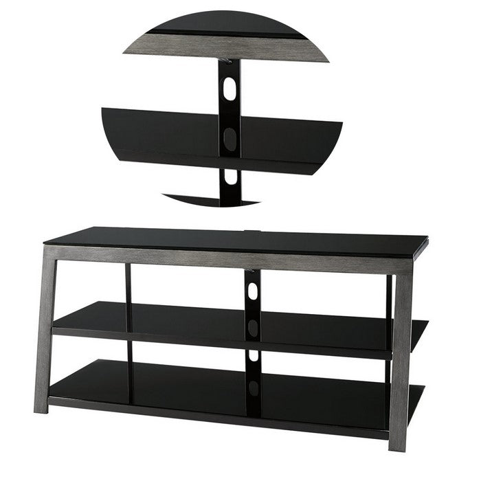 Metal Framed TV Stand with Tempered Glass Shelves and Top, Black and Gray