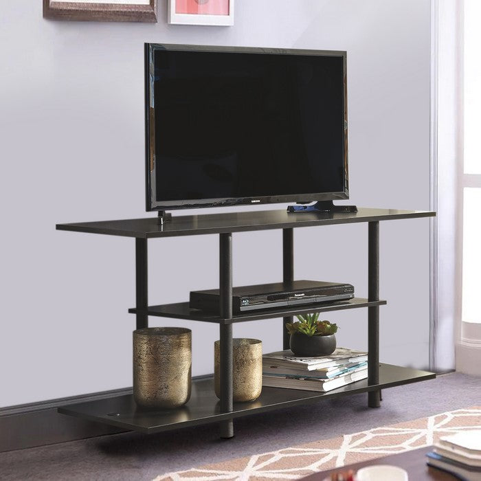 Wooden TV Stand With Tubular Plastic Legs and Two Shelves, Black