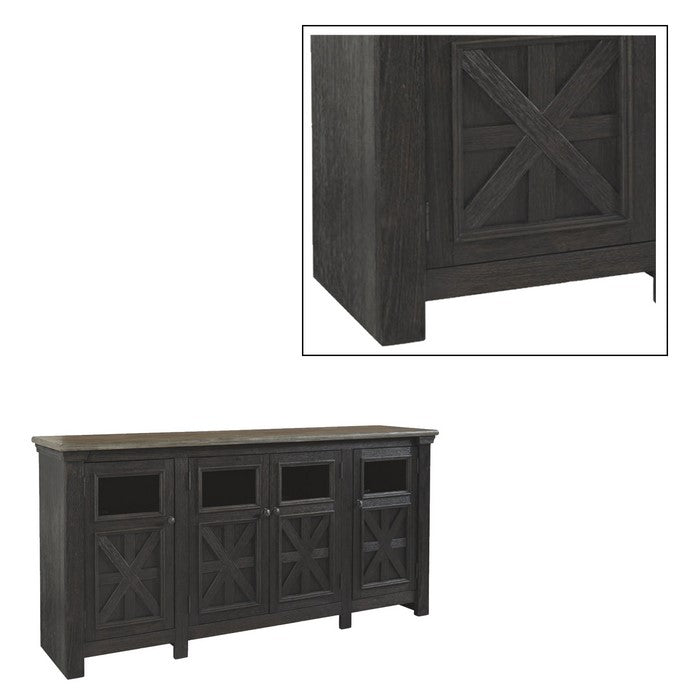 Dual Tone Wooden TV Stand with Four Cross Buck Doors Storage, Extra Large, Brown and Black