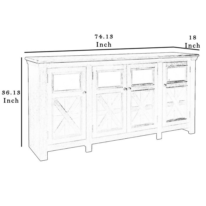 Dual Tone Wooden TV Stand with Four Cross Buck Doors Storage, Extra Large, Brown and Black
