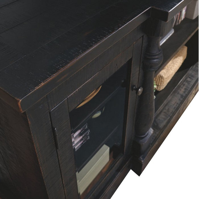 Wooden TV Stand with 2 Glass Inserted Door Cabinets and 2 Open Compartments, Black