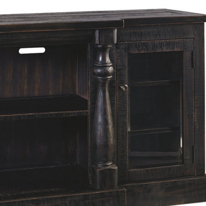 Wooden TV Stand with 2 Glass Inserted Door Cabinets and 2 Open Compartments, Black