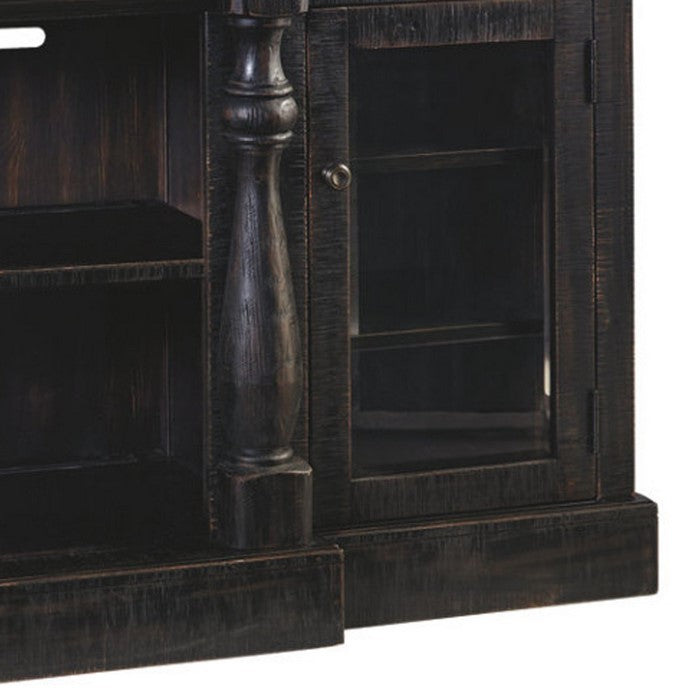 Wooden TV Stand with 2 Glass Inserted Door Cabinets and 2 Open Compartments, Black