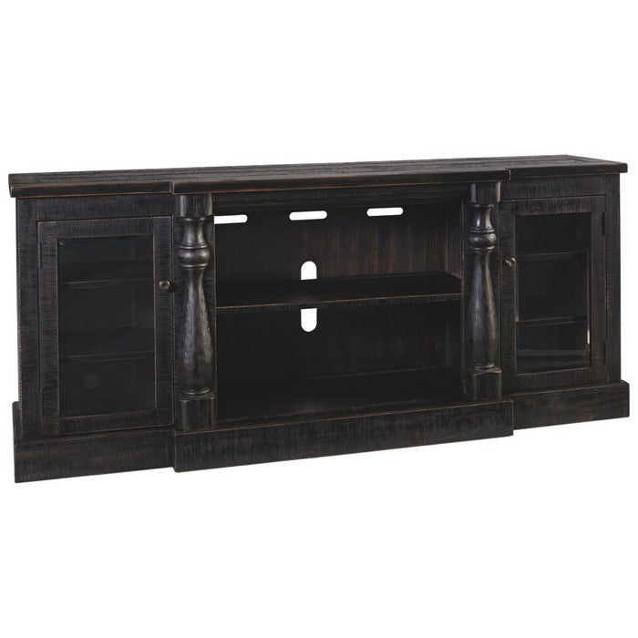 Wooden TV Stand with 2 Glass Inserted Door Cabinets and 2 Open Compartments, Black