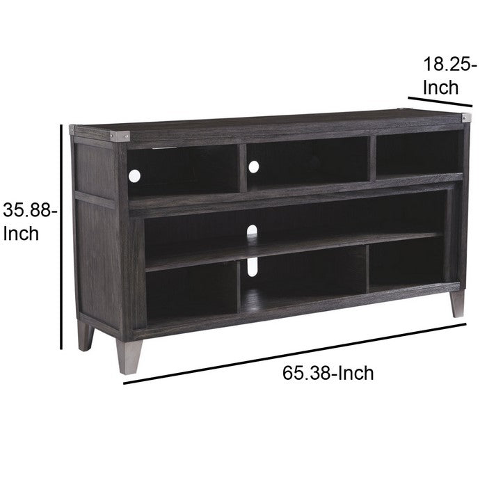 Wooden TV Stand with 1 Open Shelf and 6 Cubbies, Large, Gray and Silver