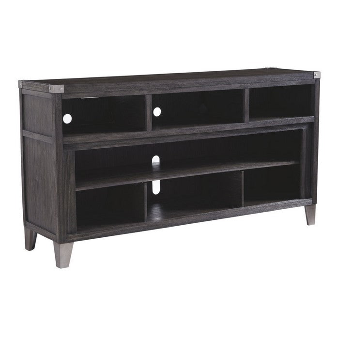 Wooden TV Stand with 1 Open Shelf and 6 Cubbies, Large, Gray and Silver