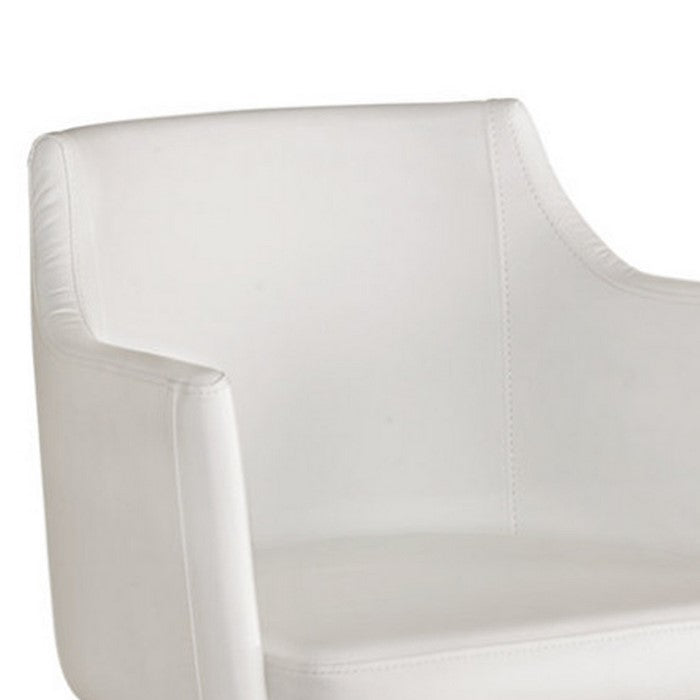 Faux Leather Upholster Metal Swivel Chair with Low Profile Back, White and Silver