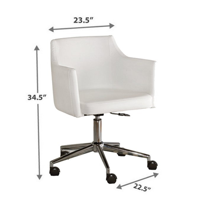 Faux Leather Upholster Metal Swivel Chair with Low Profile Back, White and Silver