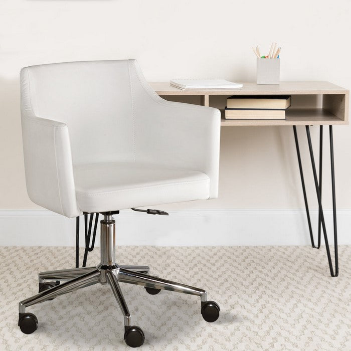 Faux Leather Upholster Metal Swivel Chair with Low Profile Back, White and Silver