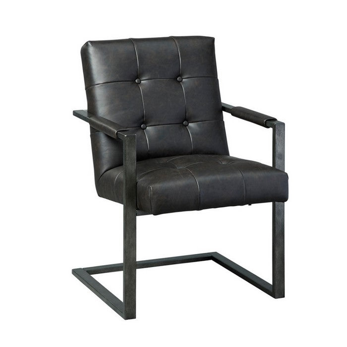 Button Tufted Leatherette Chair with C frame Metal Base, Set of Two, Black and Gray