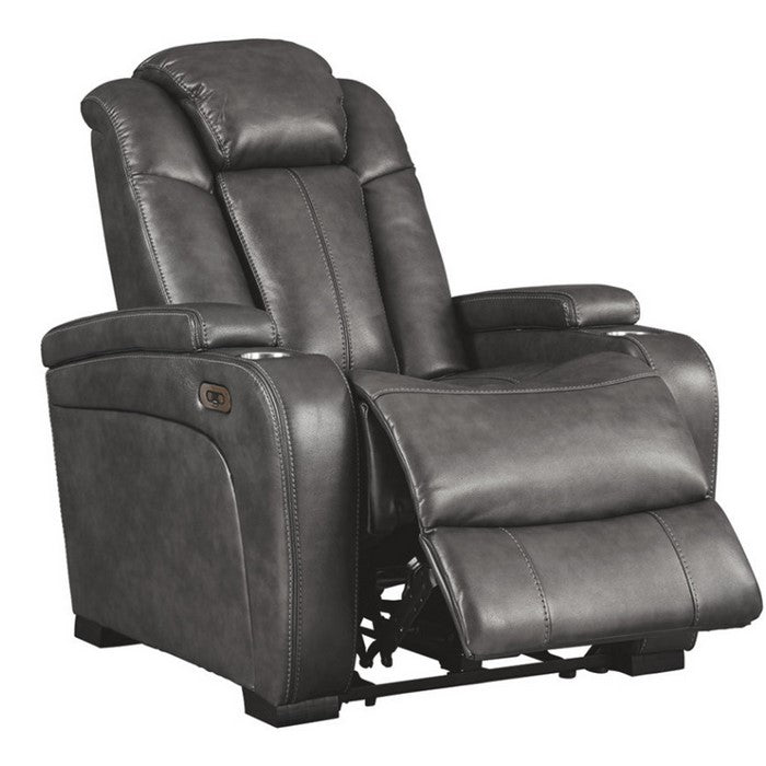Leatherette Upholstered Metal Power Recliner with Adjustable Headrest, Gray