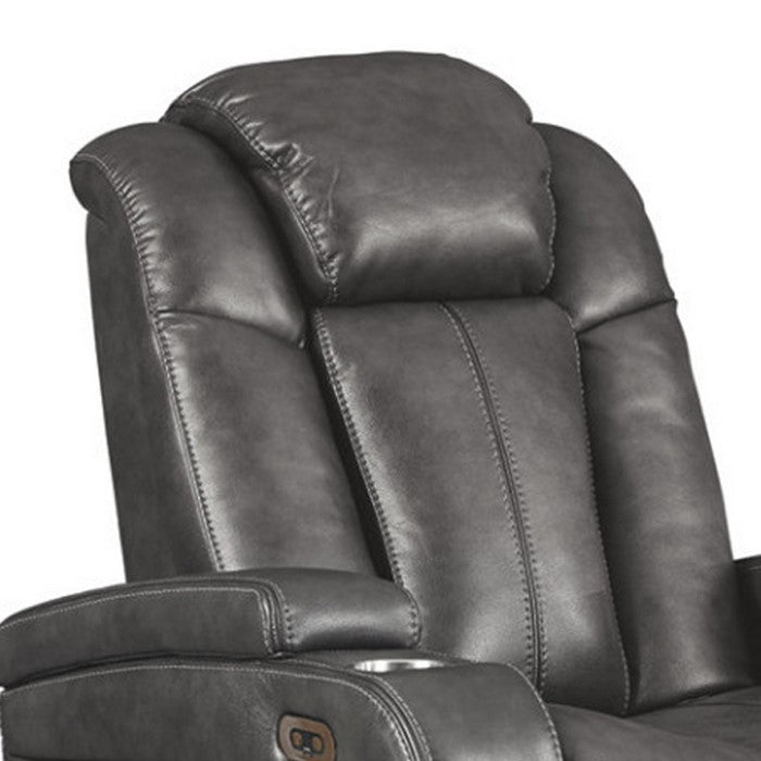 Leatherette Upholstered Metal Power Recliner with Adjustable Headrest, Gray