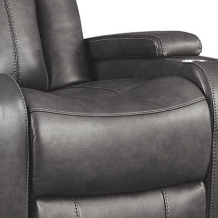 Leatherette Upholstered Metal Power Recliner with Adjustable Headrest, Gray