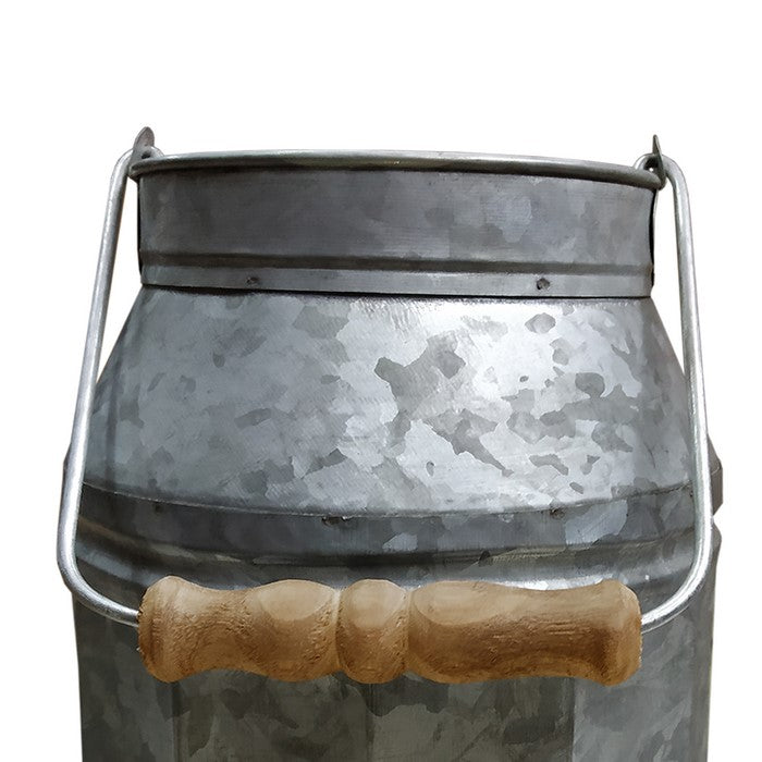 Galvanized Metal Decorative Milk Can with Wooden Handle, Gray and Brown