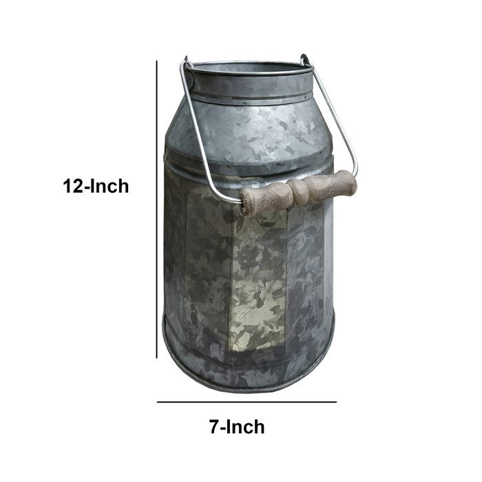 Galvanized Metal Decorative Milk Can with Wooden Handle, Gray and Brown