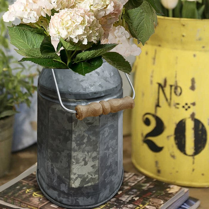 Galvanized Metal Decorative Milk Can with Wooden Handle, Gray and Brown