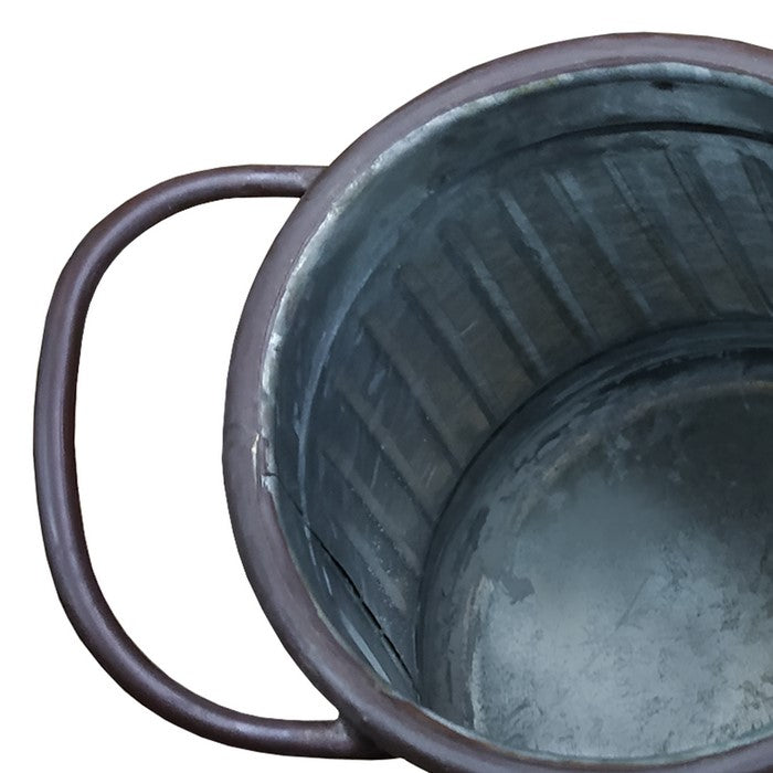 Galvanized Metal Corrugated Flower Vase with Curved Side Handles, Gray and Brown