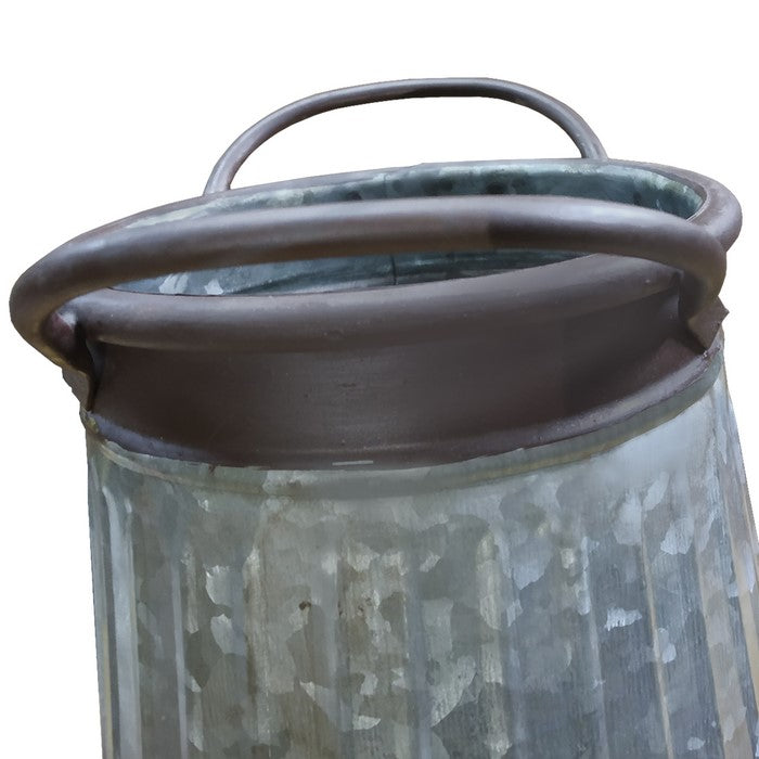 Galvanized Metal Corrugated Flower Vase with Curved Side Handles, Gray and Brown