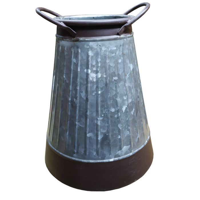 Galvanized Metal Corrugated Flower Vase with Curved Side Handles, Gray and Brown