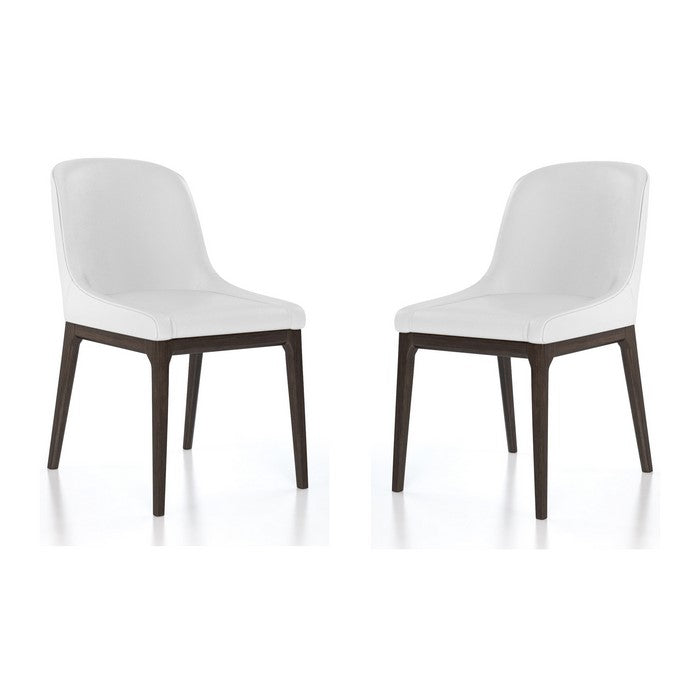 Leather Upholstered Wooden Chairs with Curved Back Design, White and Brown, Set of Two