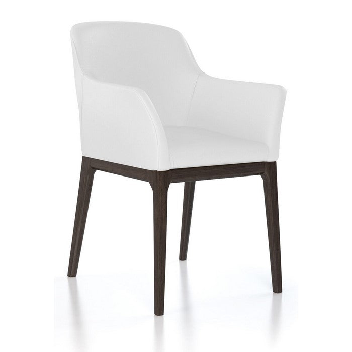 Leather Upholstered Wooden Arm Chair with Curved Back and Swoop Armrests, White and Brown