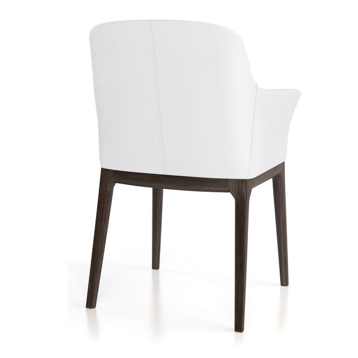 Leather Upholstered Wooden Arm Chair with Curved Back and Swoop Armrests, White and Brown