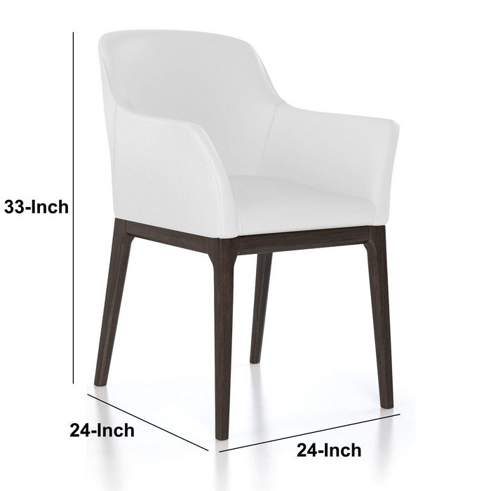 Leather Upholstered Wooden Arm Chair with Curved Back and Swoop Armrests, White and Brown