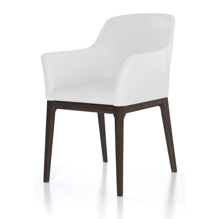 Leather Upholstered Wooden Arm Chair with Curved Back and Swoop Armrests, White and Brown