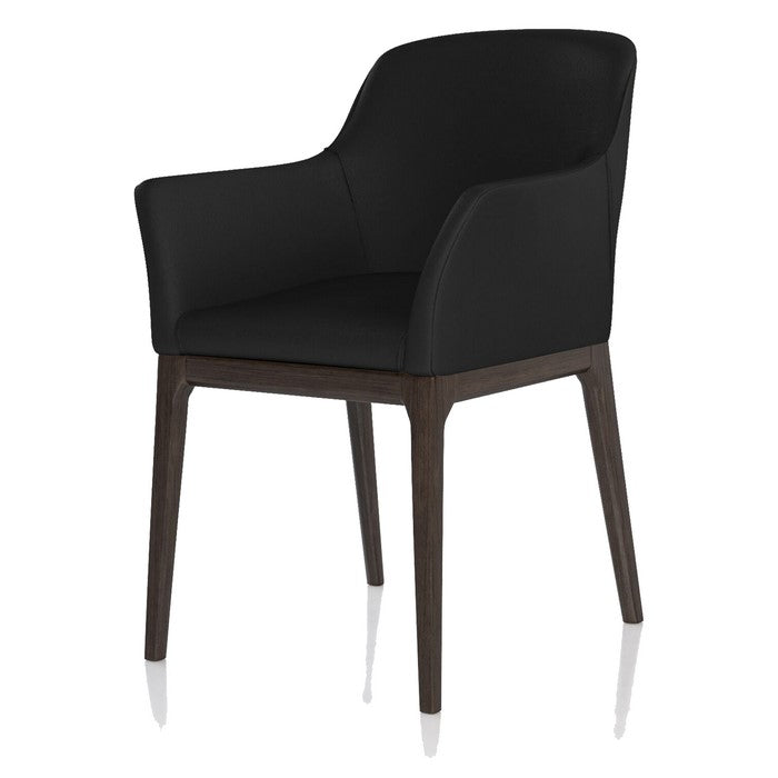 Leather Upholstered Wooden Arm Chair with Curved Back and Swoop Armrests, Black and Brown