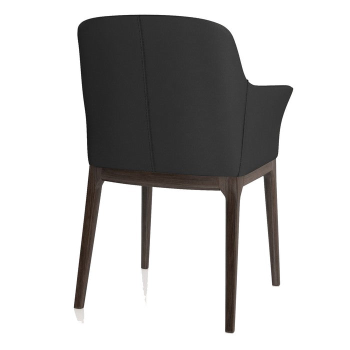 Leather Upholstered Wooden Arm Chair with Curved Back and Swoop Armrests, Black and Brown