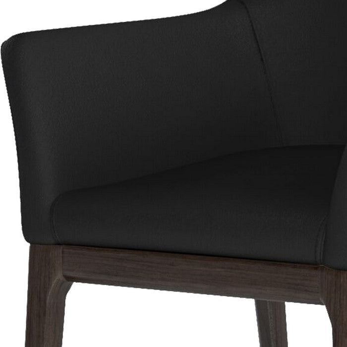 Leather Upholstered Wooden Arm Chair with Curved Back and Swoop Armrests, Black and Brown