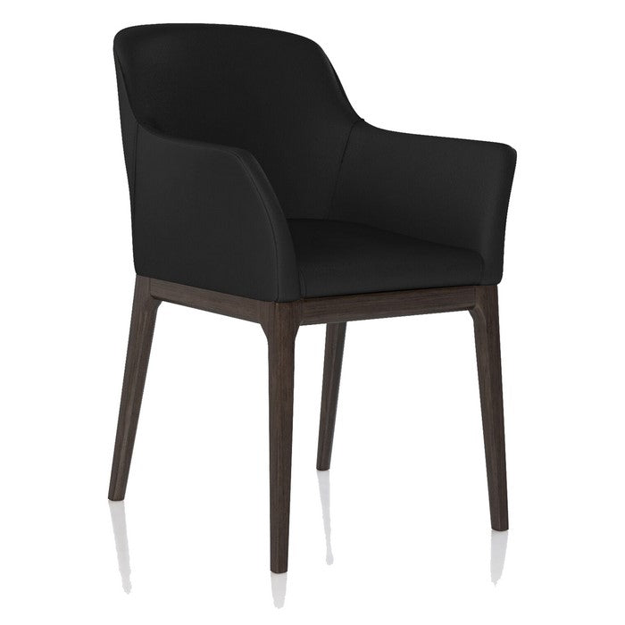 Leather Upholstered Wooden Arm Chair with Curved Back and Swoop Armrests, Black and Brown