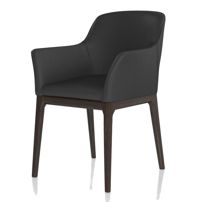 Leather Upholstered Wooden Arm Chair with Curved Back and Swoop Armrests, Gray and Brown
