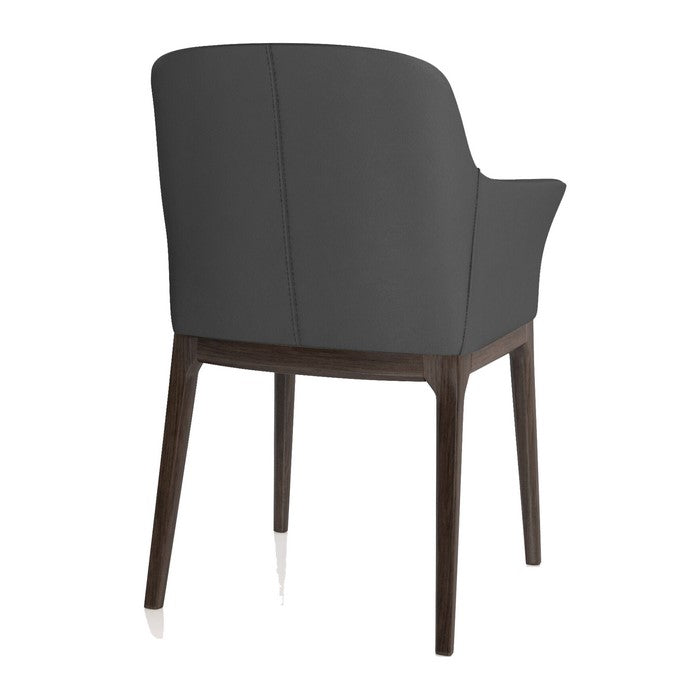 Leather Upholstered Wooden Arm Chair with Curved Back and Swoop Armrests, Gray and Brown