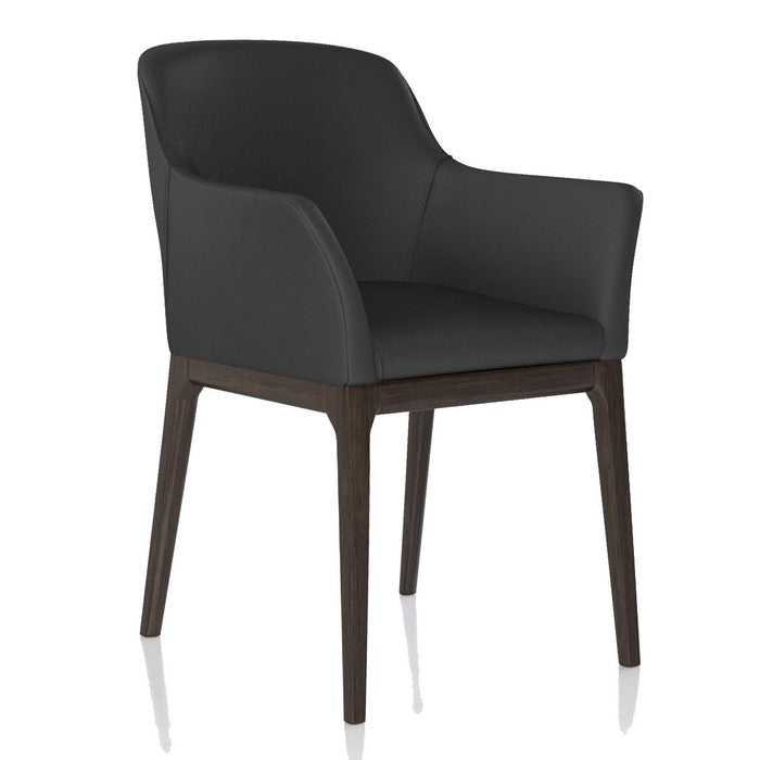 Leather Upholstered Wooden Arm Chair with Curved Back and Swoop Armrests, Gray and Brown