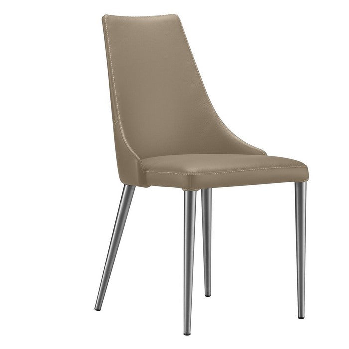 Leather Upholstered Chairs with Tapered Steel Leg Support, Brown and Silver, Set of Two