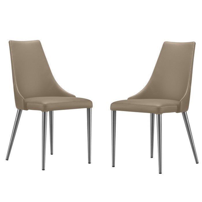 Leather Upholstered Chairs with Tapered Steel Leg Support, Brown and Silver, Set of Two